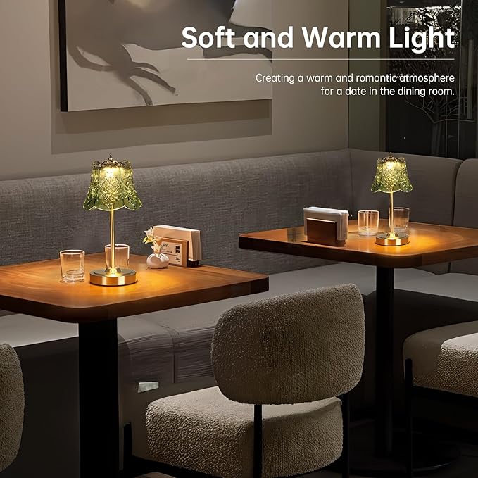 Small Table Lamp with 5200mAh Battery & Touch Control - 3 Adjustable Color Temperatures, Dimmable Rechargeable Table Lamps for Living Room, Bedroom, Bedside (Green Rose)