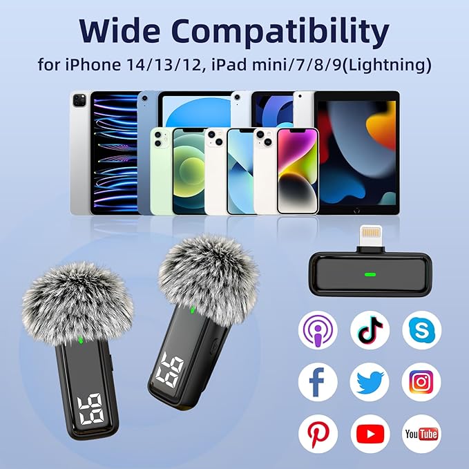 2 Pack Wireless Lavalier Microphone for iPhone 14/13/12 Lapel Mic Lightning Lav Mic with 24 H Charging Case for Video Recording Vlog TikTok Instagram - Noise Reduction 70 FT Transmission