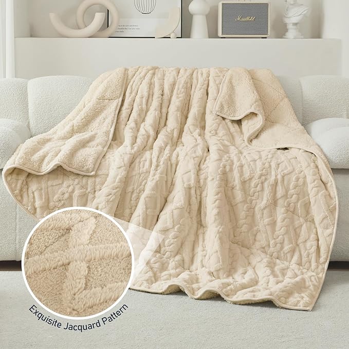 Wemore Weighted Blanket for Adults Twin Size 15 lbs, Dual Sided Soft Fuzzy Jacquard Sherpa Weighted Blankets for Sleeping, Cozy Fluffy Knitted Heavy Blanket for Couch Bed, Khaki, 48 x 72 inches