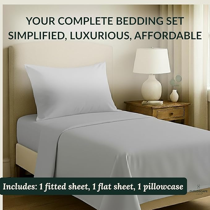 Cloud Scape Linen 100% Egyptian Cotton Sheets Twin Size, 3 Pieces Luxury Bedding Set, 400 Thread Count,Hotel Quality, Silky Soft, Breathable and Durable, Deep Pockets up to 15, Light Grey