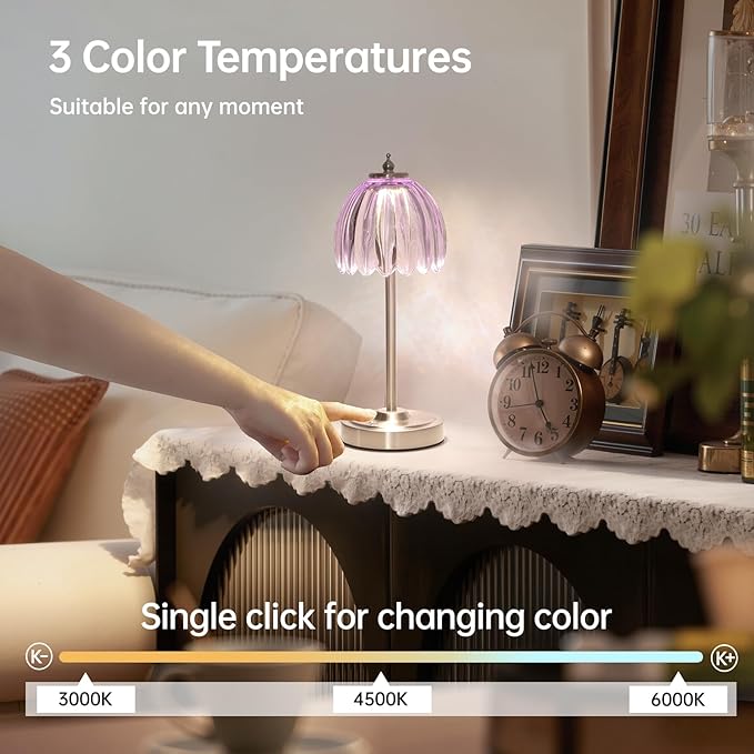 Tulip Table Lamp with 5200mAh Battery & Touch Control, Cordless Small Table Lamp with 3 Colors, Dimmable Rechargeable Table Lamps for Living Room, Bedroom, Desk, Bedside (Clear Purple Tulip)