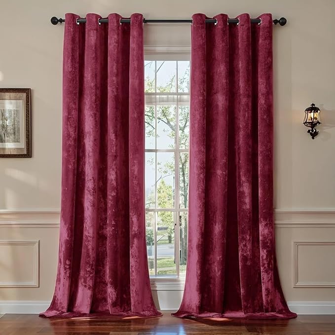 SMILETIME Burgundy Red Crushed Velvet Curtains 52x84 inch Luxurious Thermal Insulated Soundproof Drapes for Living Room Bedroom Office Soft and Durable Light-Filtering Window Treatments, 2 Panels