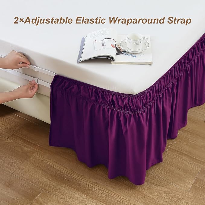 MEILA Wrap Around Bed Skirt Three Fabric Sides Elastic Dust Ruffled 24 Inch Tailored Drop,Easy to Install Fade Resistant-Purple, Queen/King
