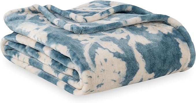 Berkshire Blanket-Classic Heavyweight Soft Printed VelvetLoft® Plush Blanket, Full/Queen Size Soft Fuzzy Warm Blanket for Couch Sofa Bed, Floral Blue, 90in x 90in