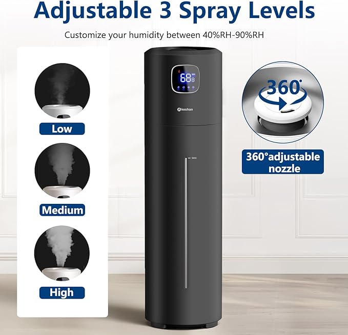 Large Humidifiers for Bedroom, 9L/2.5Gal Ultrasonic Cool Mist, Top Fill Easy Clean with 350ML/H Mist Speed, Quiet, Suitable for Kids Room Plant Yoga Office Study Room Living (Black, Round)