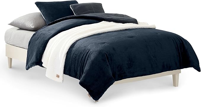 UGG Twin Comforter Set 4 Piece Bed in a Bag with Throw Blanket, Decorative Pillow Sham and Reversible Comforter Hypoallergenic Washable College Dorm Bedding, Twin XL, Blue (Remina)