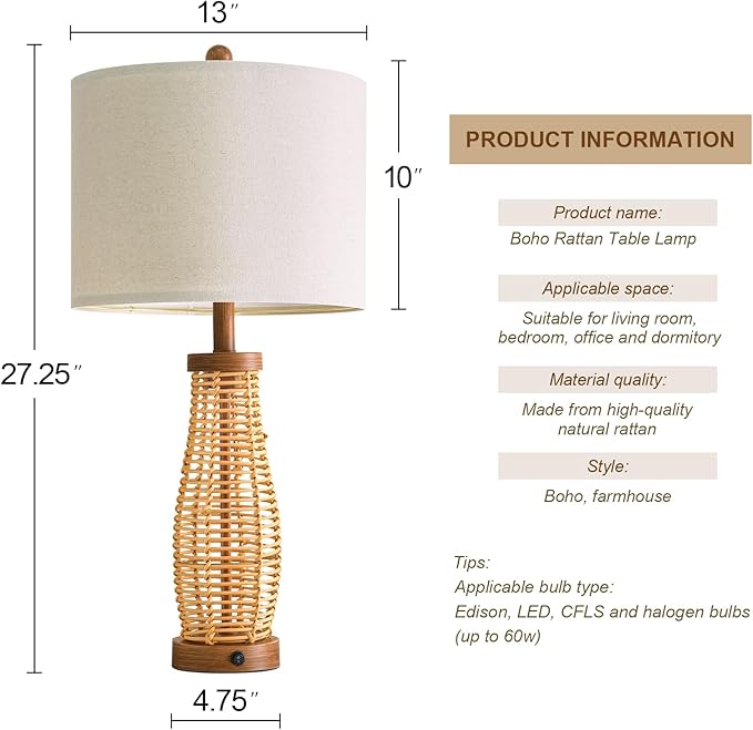 OYEARS 28" Table Lamps Set of 2 with Dual Night Lights, Bedside Lamps for Bedroom, Boho Lamp for Living Room, Rattan Table Lamp with Linen Shade, Farmhouse Lamp with Wood Grain Finish (Bulb Included)