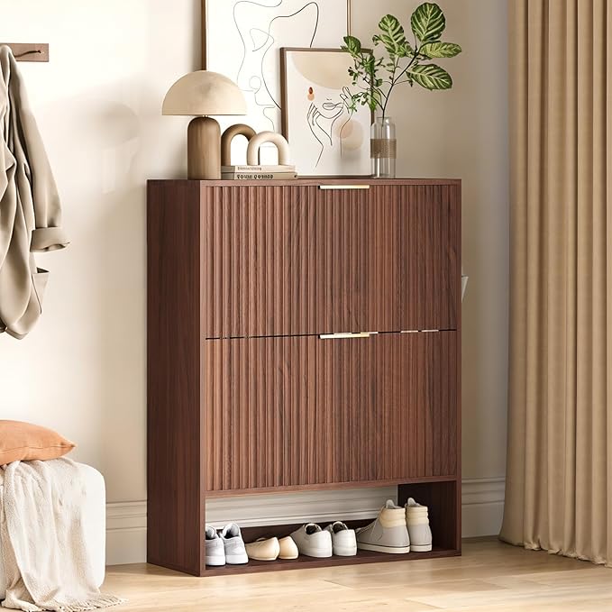 Garvee Fluted Shoe Storage Cabinet, Slim Hidden Shoe Rack Cabinet with 2 Flip Drawers & Bottom Open Shelf, Freestanding Entryway Organizer, Perfect for Closet, Hallway, Foyer, Walnut