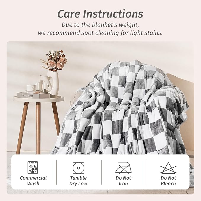Wemore Flannel Fleece Weighted Blanket for Adult Queen Size 15 lbs, Dual Sided Luxurious Checkerboard Grid Heavy Blankets, Ultra Soft Throw Blanket, Plaid Grey, 60 x 80 inches