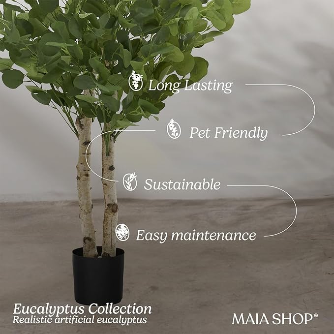 Maia Shop 3ft 5in Artificial Eucalyptus Tree Plant for House, Apartment or Office – Realistic Fake Indoor Plants for Living Room, Kitchen, Bedroom, Entryway or Bathroom – Faux Greenery for Home Décor