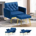 Velvet Accent Chair w/Adjustable Armrests and Backrests, Tufted Single Sofa with Ottoman, Upholstered Reading Chiar for Living Room, Apartment, Bedroom, Blue