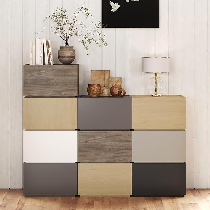 Stackable Storage Drawers, Wooden Drawer Storage Organizer, End Table with Wooden Drawers, Small Storage Cabinet, Modular Design, Available in 2 Sizes for Versatile Use Black Small Set 1