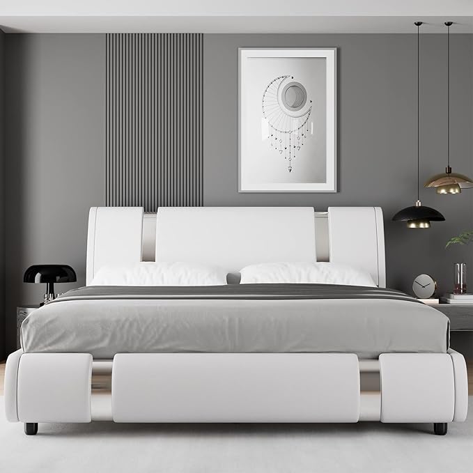 TTVIEW Modern Faux Leather Upholstered Platform Bed Frame with Iron Metal Decor, Adjustable Curved Headboard, Wooden Slats Support, No Box Spring Needed, Queen Size, White