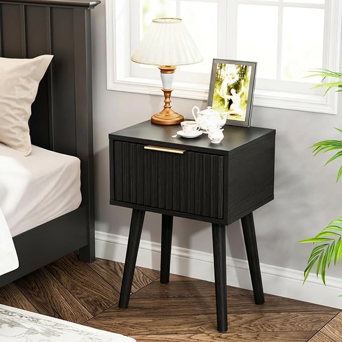 VINGLI Night Stand, Fluted Nightstand Wood, Mid Century Modern Nightstand for Bedroom, Bedside Table, Wood Side Table, Small Night Stand Black, 15.75" W*11.81" D*21.85" H