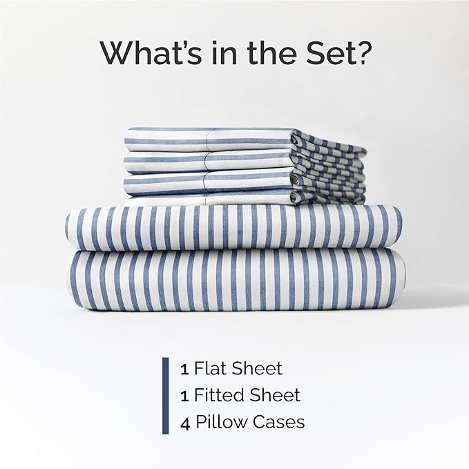 Full 6 Piece Sheet Set - Cooling, Comfy & Breathable - Hotel Luxury Bedding, Includes Fitted Sheet for Women, Men, Kids & Teens - 1 Flat, 1 Fitted Sheet, 4 Pillowcases w/Deep Pockets - Blue Stripes