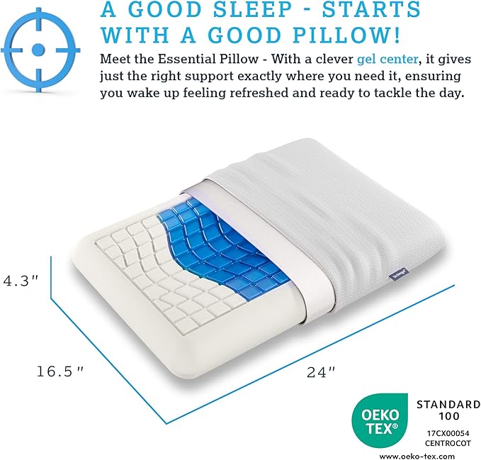 Medium Essential Gel Pillow – 4.5" Memory Foam w/ Cooling Gel Zone for Heat Reduction, Compact Profile for All Sleep Positions & Travel, Washable Cover, Pressure Relief & Neck Alignment – Italian-Made