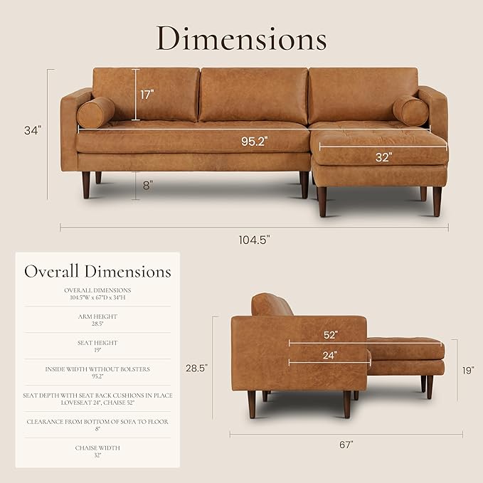 POLY & BARK Napa 104.5" Right-Facing Sectional Sofa – Cognac Tan Full-Grain Pure-Aniline Italian Leather, Feather-Down Cushions, Solid Wood Frame