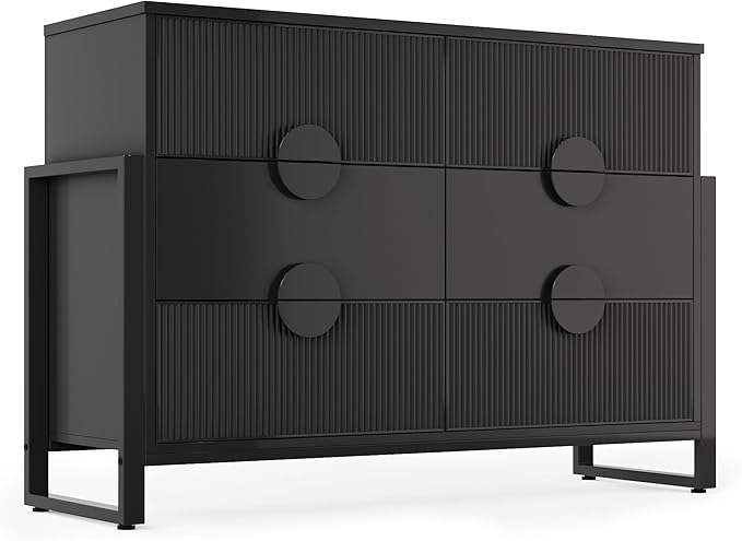 LGHM Fluted Dresser for Bedroom with 6 Drawers, Modern 6 Drawers Dressers with Semicylinder Fluted, Solid Chest of Drawers, 50" W Dresser with Bold Steel Frame, Metal Handles, Black