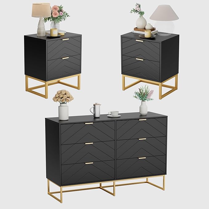 Anbuy Morden 3 Pieces Bedroom Sets, 6 Drawer Dresser and Nightstand Sets for Bedroom, Night Stand Set of 2 & 6 Drawer Dresser with Gold Handles, Morden Wood Chest of Drawers Storage Cabinet Set, Black