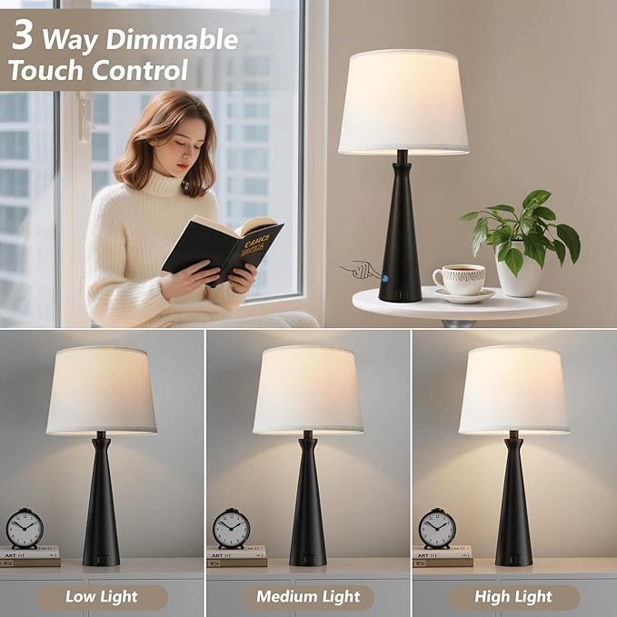 Seealle Single Modern Table Lamp - Touch Bedside Lamp for Nightstand with USB Dual C+A,3-Way Dimmable Black Nightstand Lamp for Living Room Bedroom End Table(Bulb Included)