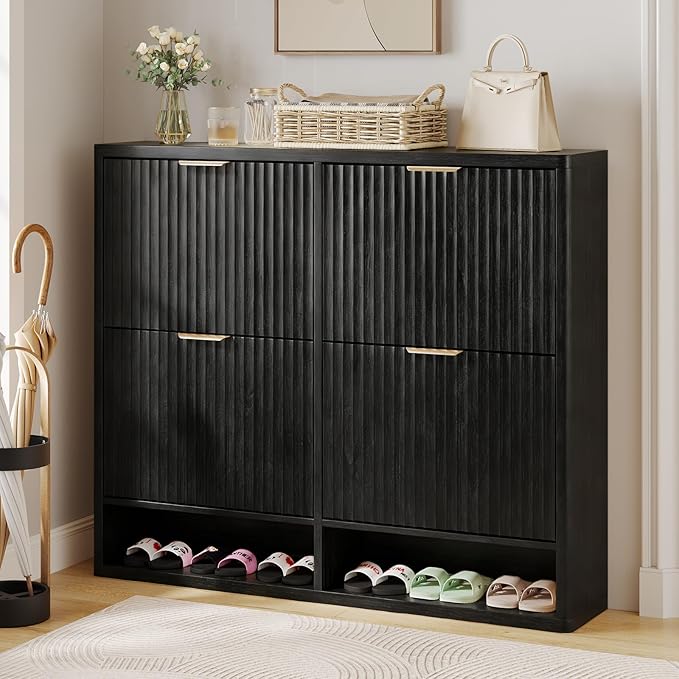 Fluted Shoe Cabinet Storage with 4 Flip Drawers, Narrow Shoe Storage Organizer for Entryway, Hidden Slim Wooden Shoe Rack Cabinet for Front Door Entrance, Hallway, Living Room (4-Drawer, Black)