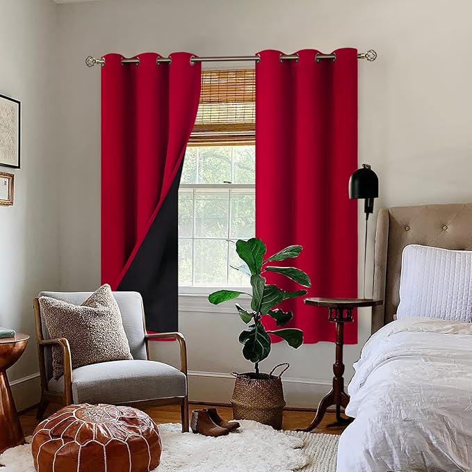 BGment Christmas 100% Blackout Curtains Thermal Insulated with Liner for Living Room Decoration - Grommet Double Layer Energy Saving Bedroom Curtain Drapes (42 x 63 Inches, Red, 2 Panels)