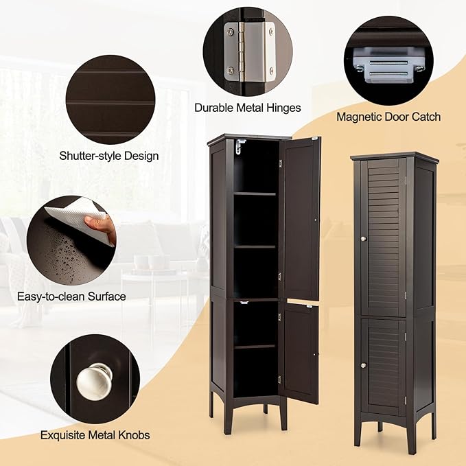 COSTWAY Tall Bathroom Storage Cabinet, 5-Tier Freestanding Linen Tower Cabinet with 2 Doors, Wooden Side Storage Organizer, Narrow Slim Floor Cabinet for Bathroom, Living Room, Kitchen (Brown)