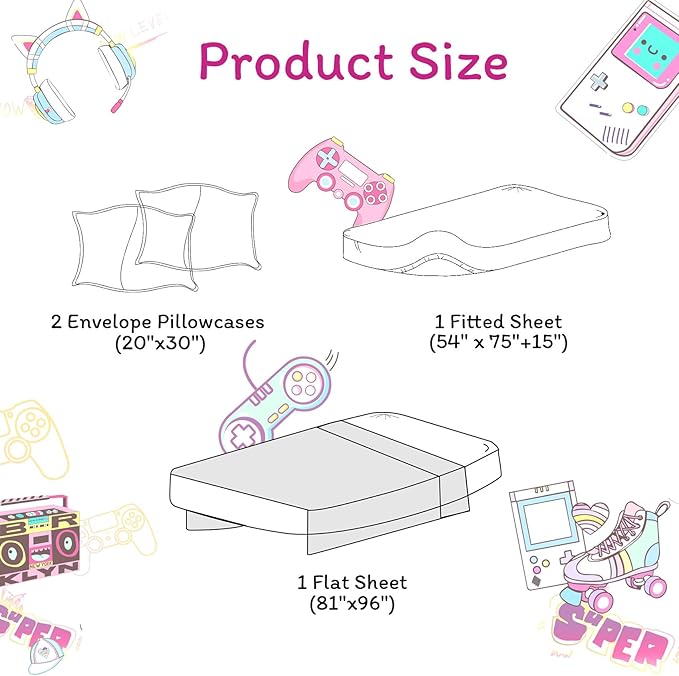 JSD Gaming Kids Sheet Set Full Size, 4 Piece Soft Girls Gamer Printed Microfiber Bed Sheets Deep Pocket