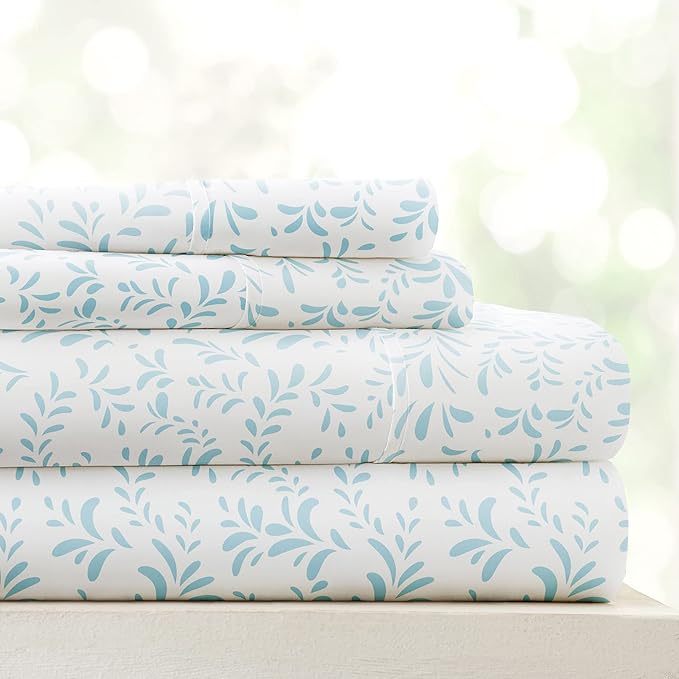 Linen Market Double-Brushed Patterned Microfiber Twin Sheet Set 3 Piece – Oeko-TEX Certified Ultra Soft & Wrinkle-Free - 16" Deep Pocket Sheets - Easy Care Twin Size - Burst of Vines Light Blue