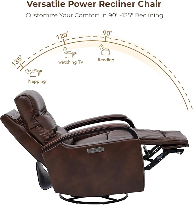 CHITA Genuine Leather Power Swivel Glider Rocker Recliner, FSC Certified Mid Century Modern Recliner Chair for Adults, Adjustable Power Headrest, for Nursery and Living Room, Cognac Brown