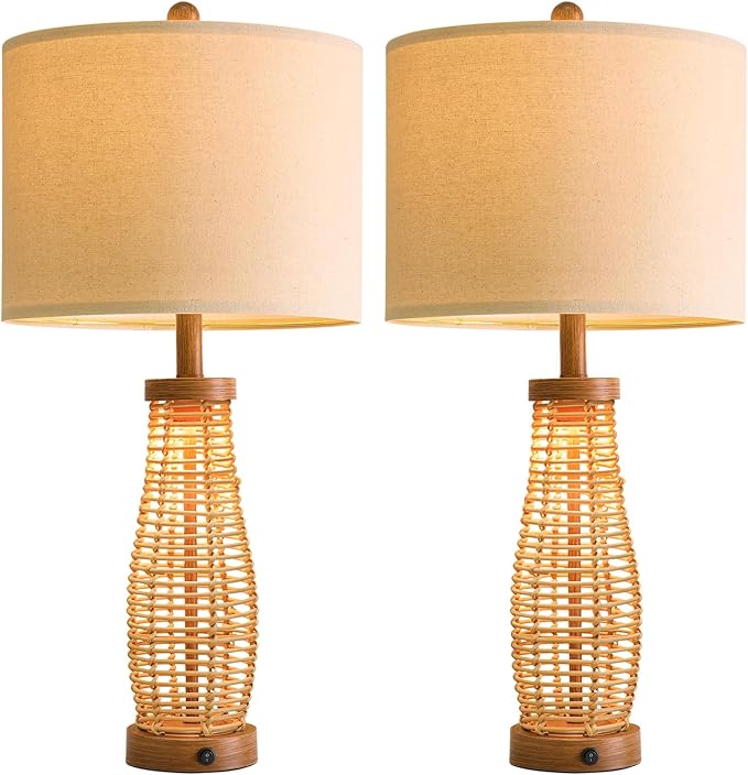 OYEARS 28" Table Lamps Set of 2 with Dual Night Lights, Bedside Lamps for Bedroom, Boho Lamp for Living Room, Rattan Table Lamp with Linen Shade, Farmhouse Lamp with Wood Grain Finish (Bulb Included)