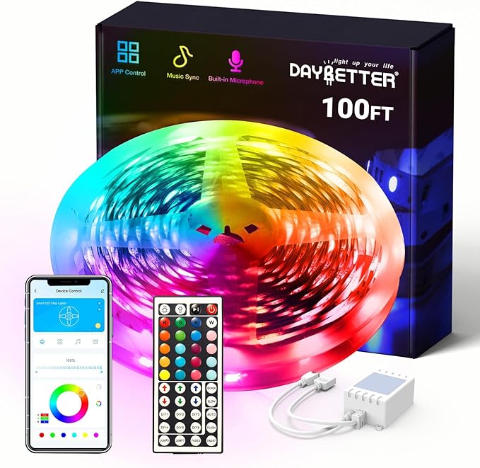 DAYBETTER Smart RGB Led Strip Lights, 100ft Led Lights for Bedroom with App Control, Multicolor Changing Led Light Strips Apply for Home Decor, Living Room, Kitchen, Home Party Decoration