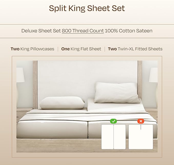 California Design Den Luxury Split King Sheets Sets for Adjustable Bed, Soft 800 Thread Count Sateen, 100% Cotton Set, Includes Twin XL Fitted Sheets - Ivory (Cream Tone)