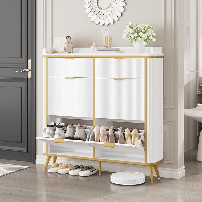 Fluted Shoe Cabinet Storage, Modern Slim Shoe Organizer Cabinet with 4 Flip Drawers & 2 Drawers, Wooden Freestanding Shoe Rack Cabinets for Entryway, Foyer, Hallway, White