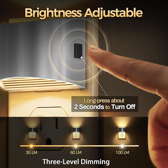 DORESshop LED Night Light[2 Pack], Night Lights Plug into Wall, 3 Level Brightness Adjustable Plug in Night Light, Dusk to Dawn Sensor Nightlights for Adults,Bedroom,Hallway,3000K -Chrome Cover