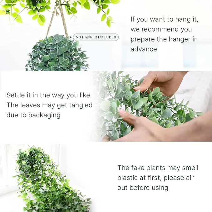 Artificial Hanging Plants for Shelf, Fake Potted Greenery 2-Pack Faux Eucalyptus Vine in Black Pot, Décor for Office Living Room Bathroom Indoor Outdoor