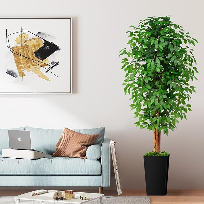 7ft Ficus Artificial Tree with 3 Natural Curved Trunks, 84" Tall Lush Faux Tree for Home Decor Indoor, Green Lifelike Fake Ficus Tree with Black Planter Pot