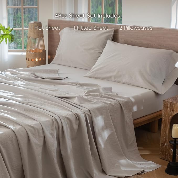 MooMee Bedding Sheet Set 100% Washed Cotton Linen Like Textured Breathable Durable Soft Comfy (Solid Light Tan, California King)