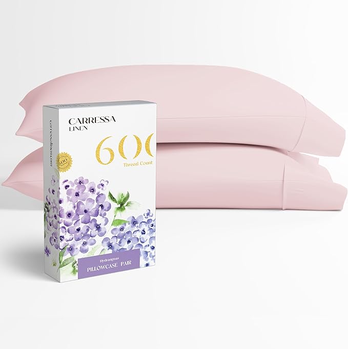 Carressa Linen 100% Egyptian Cotton King Size Pillow Cases Set of 2 - Luxury 600 Thread Count King Pillowcases (Blush), Silky Soft, Cooling, Breathable Sateen Weave Hotel Quality Bed Pillow Cover
