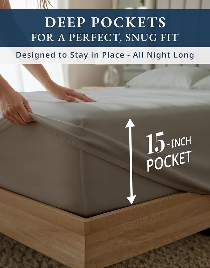 100% Egyptian Cotton Sheets Queen Size Bed Set – 1000 Thread Count Cooling & Breathable Sateen Queen Sheets Set, Authentic Long-Staple Cotton for Lasting Softness, Snug Fit 15" Deep Pocket - Charcoal