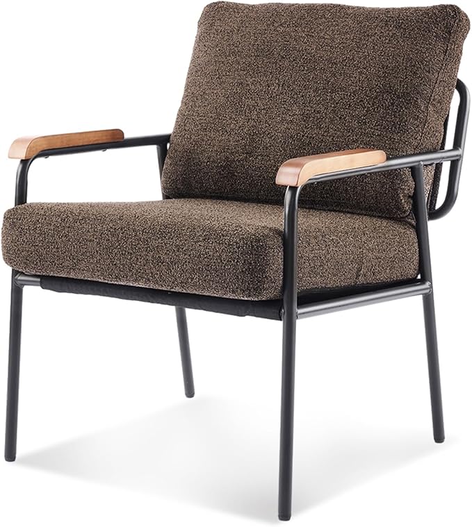 VINGLI Mid-Century Modern Accent Armchiar for Small Space, Small Comfy Upholstered Leisure Reading Chair with Wood Armrest for Bedroom, Living Room, Waiting Room, Linen Expresso