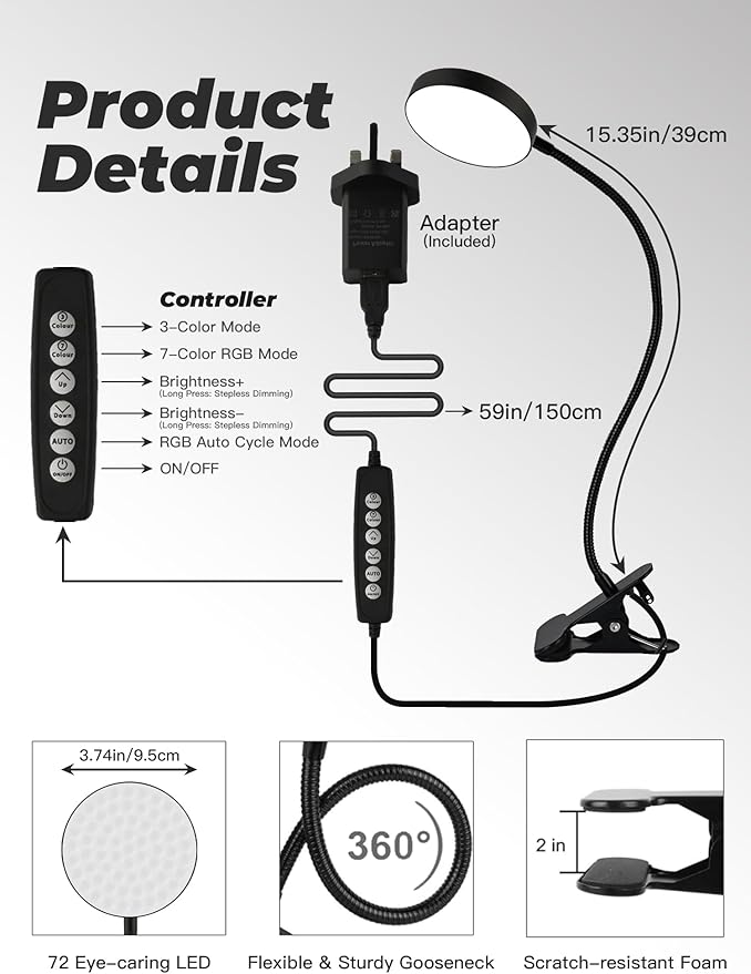 Desk Lamp,10 Colors RGB&Warm White Desk Light,10 Brightness Dimmable Clip On Lamp,500LM Bright Reading Light,USB Adapter Table Lamp for Office,Computer,Work,Study,Craft,Bedside Table,Bedroom