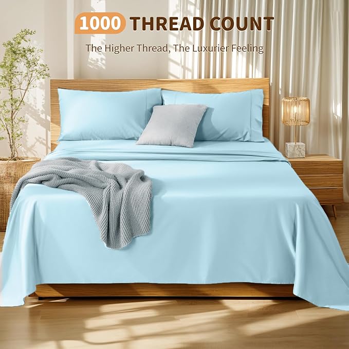 LBRO2M 100% Cotton Sheets Set Deep Pocket 19", 1000 Thread Count California King Size 4 Piece Bed Sheet Sets Soft Comfortable Bedding All Season (California King, Light Blue)