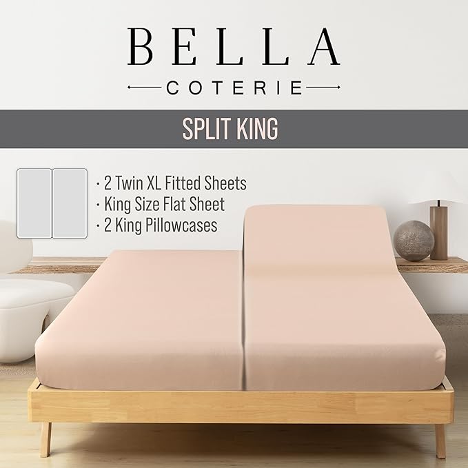 Bella Coterie Luxury Bamboo Viscose Split King Size Sheet Set | 2 Fitted Sheets for Sleep Number & Adjustable Beds | 100% Organically Grown | Cooling & Ultra Soft | 18” Deep Pocket [Champagne]