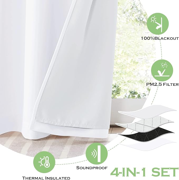 KGORGE Anti Dust Soundproof 100% Blackout Curtains 4 Layers Heavy Duty Energy Efficiency Window Curtains for Living Room Baby Bedroom Home Office Studio, Wide 52 x Long 95 inches, White, 2 Panels