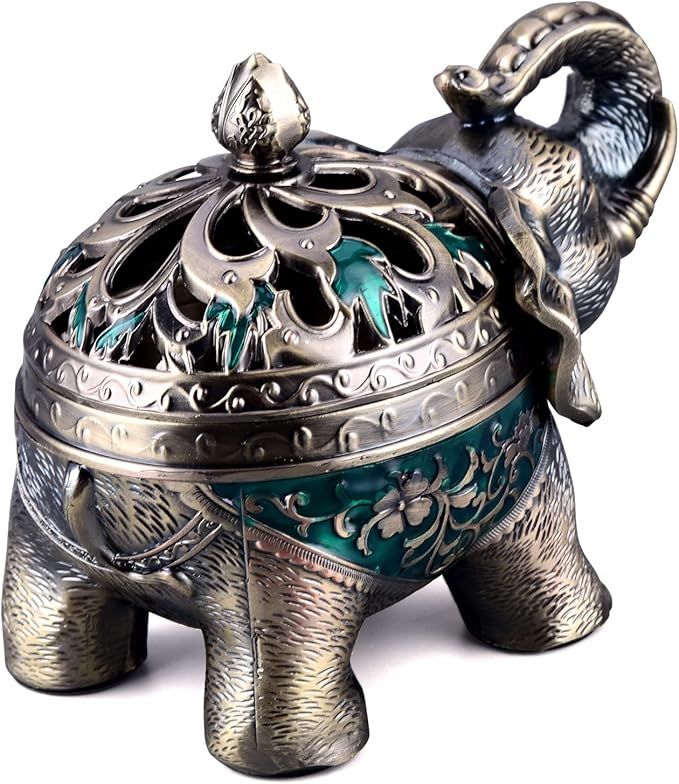 K COOL Metal Backflow Incense Holder Elephant Cone Incense Burner Candle Holder with Lid, Aromatherapy Ornament Home Office Decoration for Indoor Outdoor (Green)