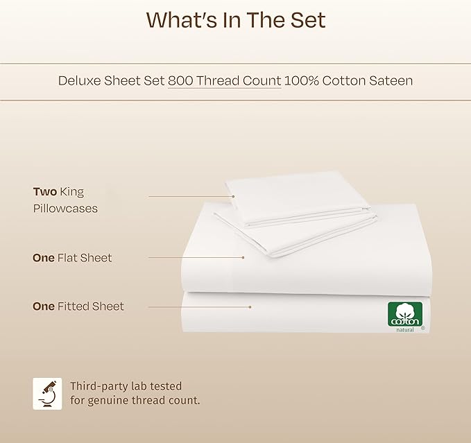 California Design Den King Bed Sheets - Soft 800 Thread Count Sateen, 100% Cotton Bed Sheets Set - Deep Pockets, Durable Bedding Set - True Ivory