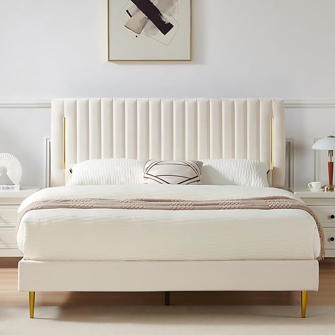 King Platform Bed Frame, Velvet Upholstered Bedframe with Vertical Channel Adjustable Headboard, Golden Plating Trim, Mattress Foundation with Wooden Slats, No Box Spring Needed, Beige