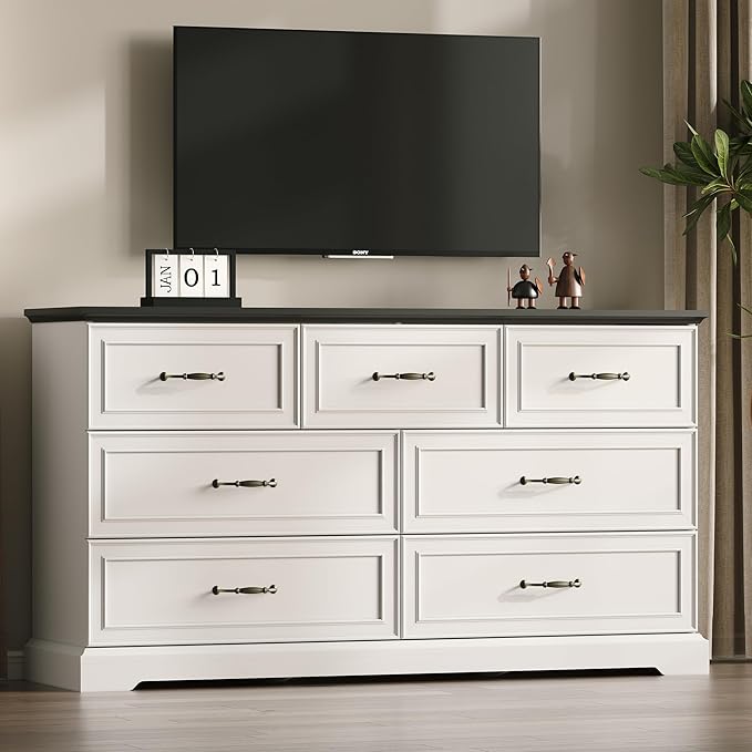 Farmhouse 7 Drawers Dresser for Bedroom, 57" Wide Modern Chest of Drawers with Deep Drawers & Bar Handles, Rustic Wood Dresser TV Stand, Wooden Closet Storage Organizer for Living Room, Hallway, White