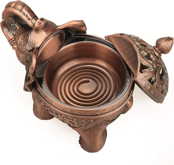 K COOL Alloy Incense Holder Stand Elephant Cone Coil Incense Burner Ash Catcher with Lid, Aromatherapy Ornament Home Decoration for Indoor Outdoor (Red Copper)